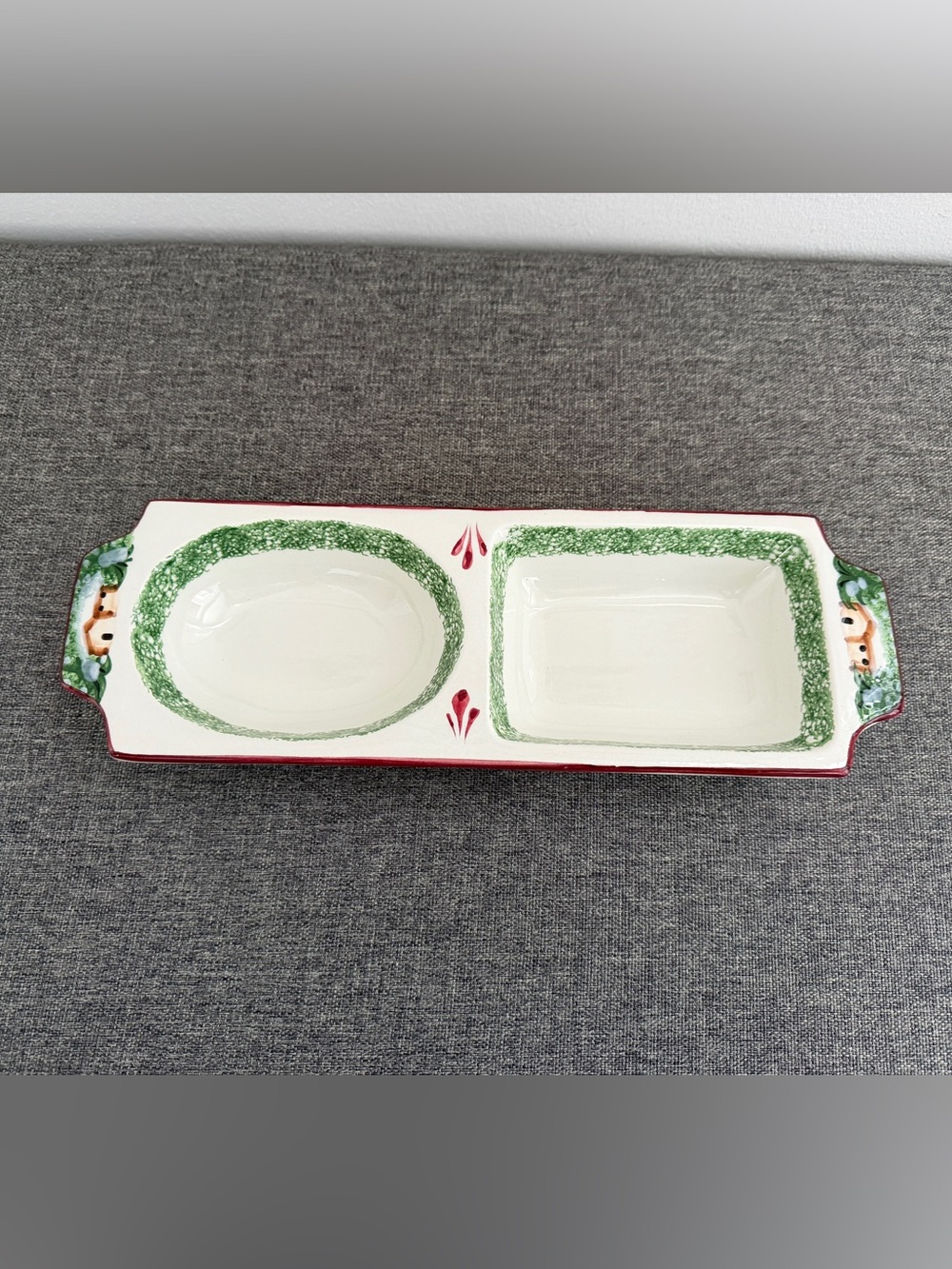 The Cellar VTG Log Cabin Christmas 2 Part Ceramic Snack Relish Tray 90s Italy